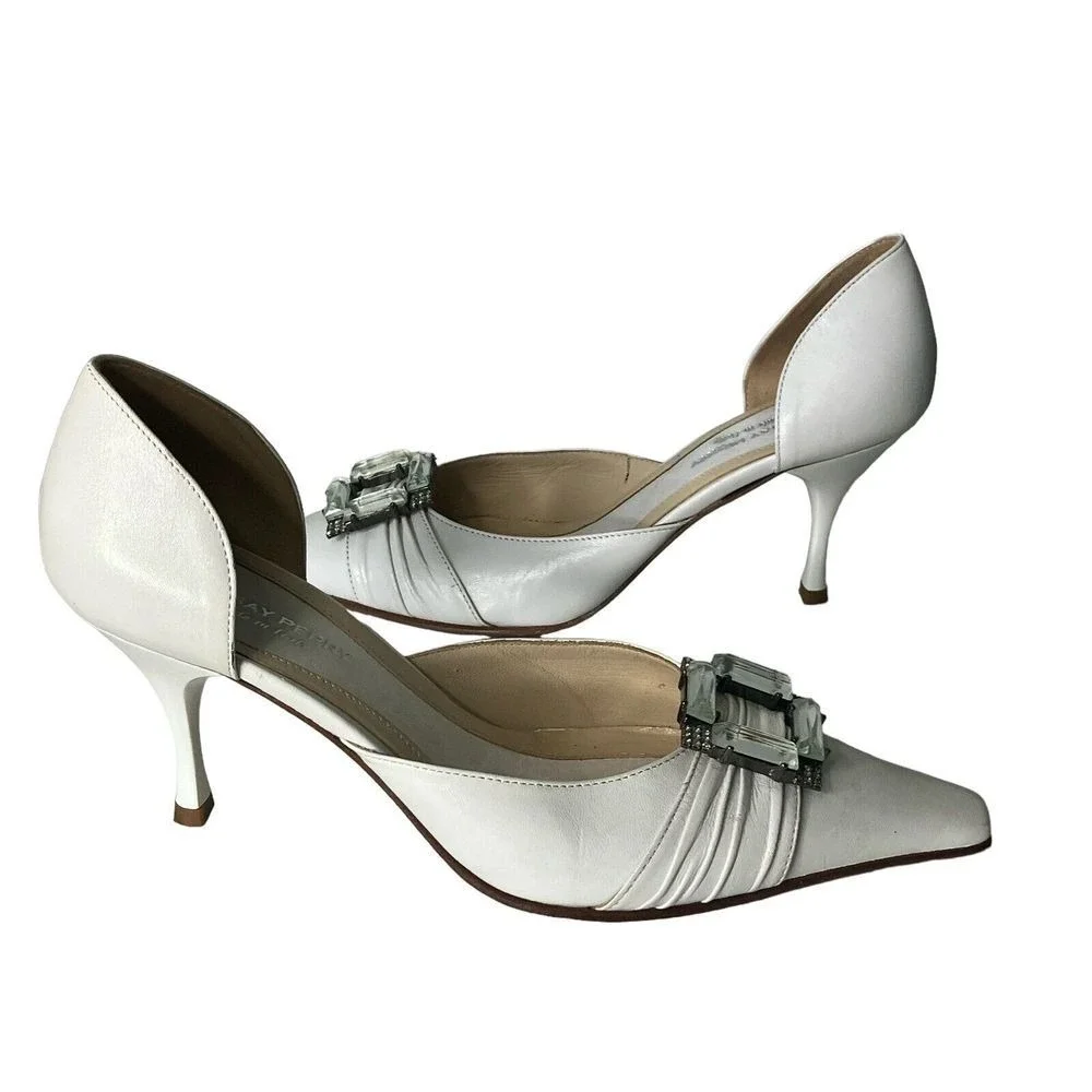 Lindsay‎ Perry Made in Italy White Leather Pointed Toe Heels Rhinestone 6 /36.5